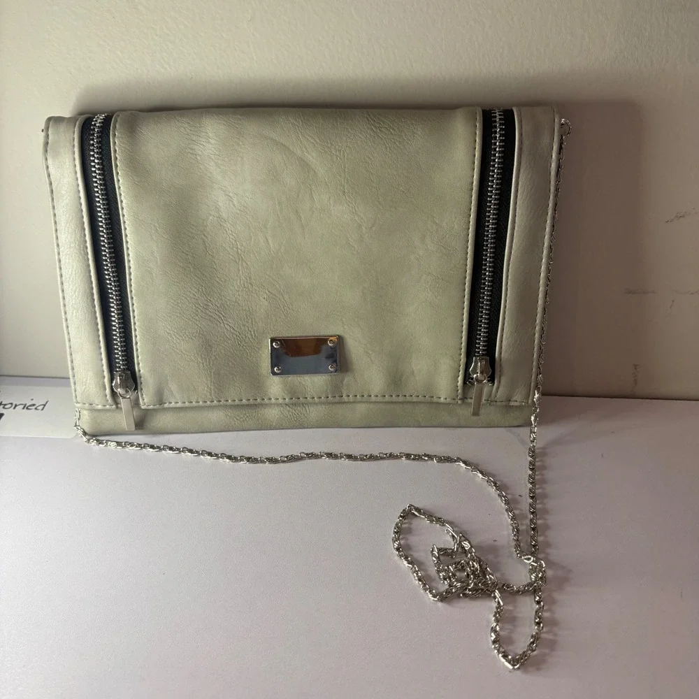 Greige Faux Leather Foldover Clutch Bag with Silver Chain Strap and Zippers
